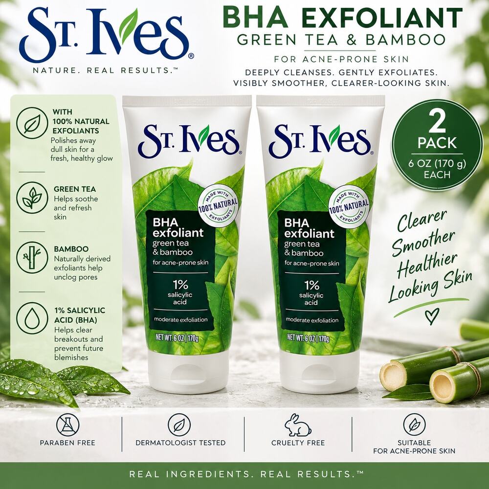 St. Ives BHA Exfoliant Green Tea Bamboo 1% Salicylic Acid 6 oz Lot of 2